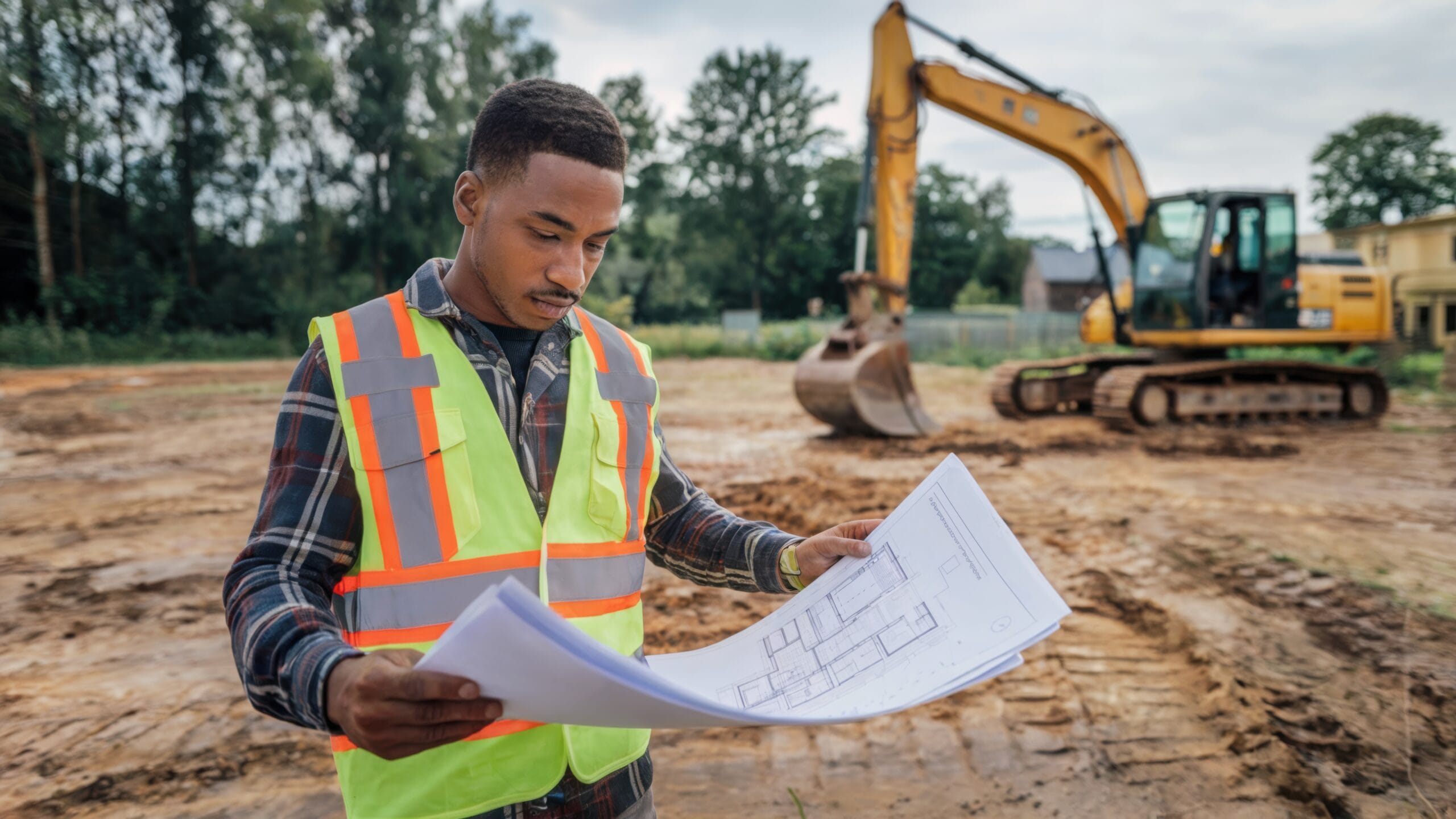 black male builder construction background foreman with plan hands african american man desi scaled